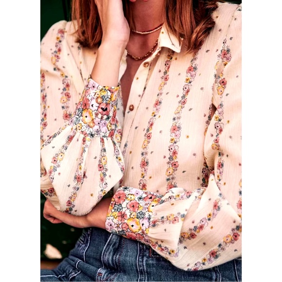 Sezane Tops - SEZANE Claudio Flowers Lightweight Silk Cotton Floral Crinkle Button Down Shirt
